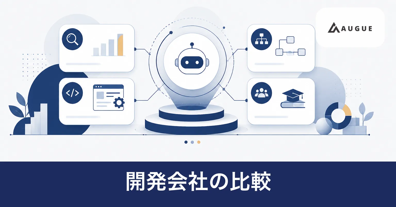 AIエージェントの開発会社をタイプごとに分けて支援範囲を並べて比べる様子を表したイラスト