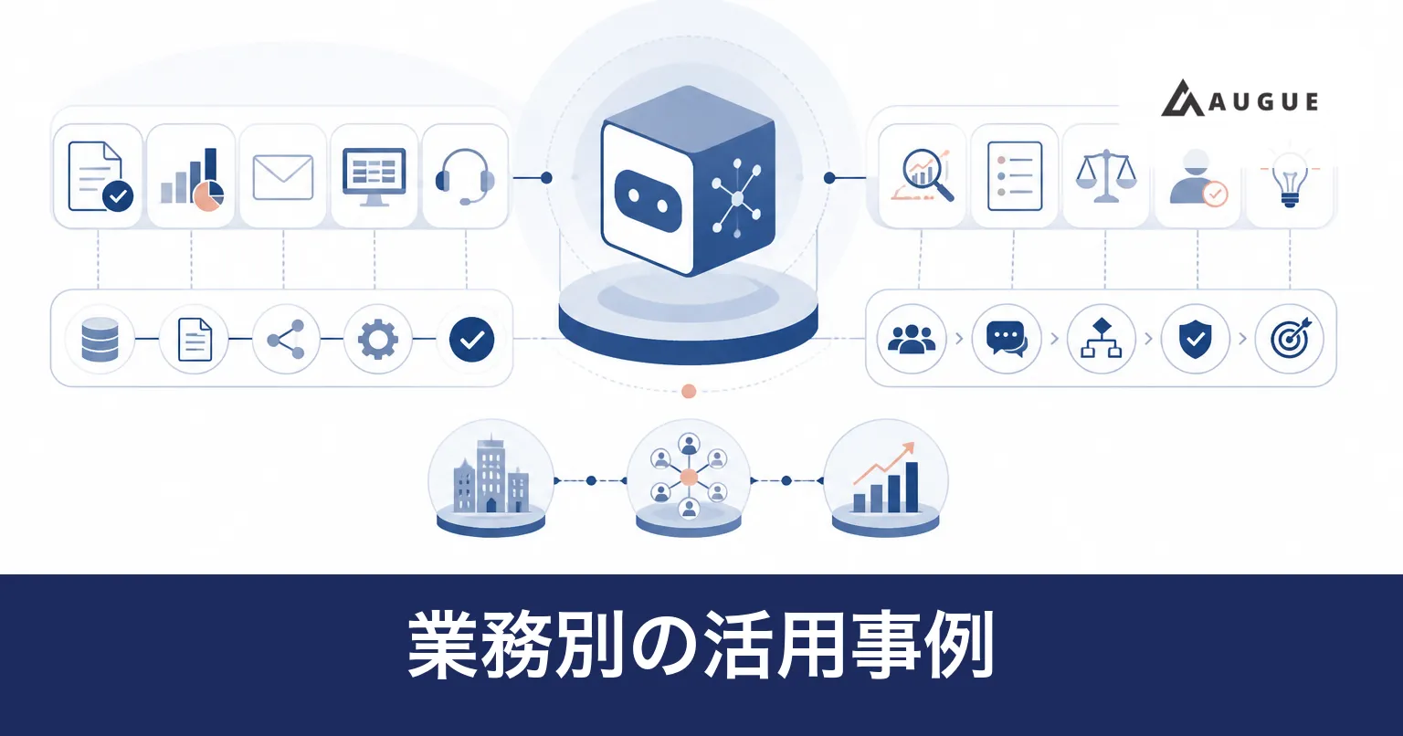 業務ごとにAIエージェントへ任せる工程と人が判断する工程を分けて並べた様子を表したイラスト