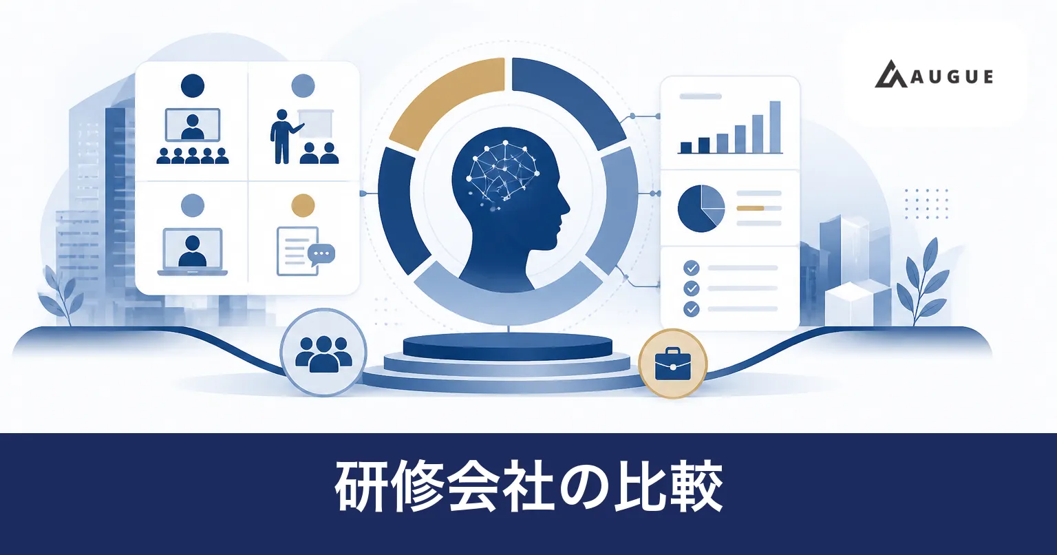 生成AI研修の提供会社を対象人数と実務への近さで並べて比べる様子を表したイラスト